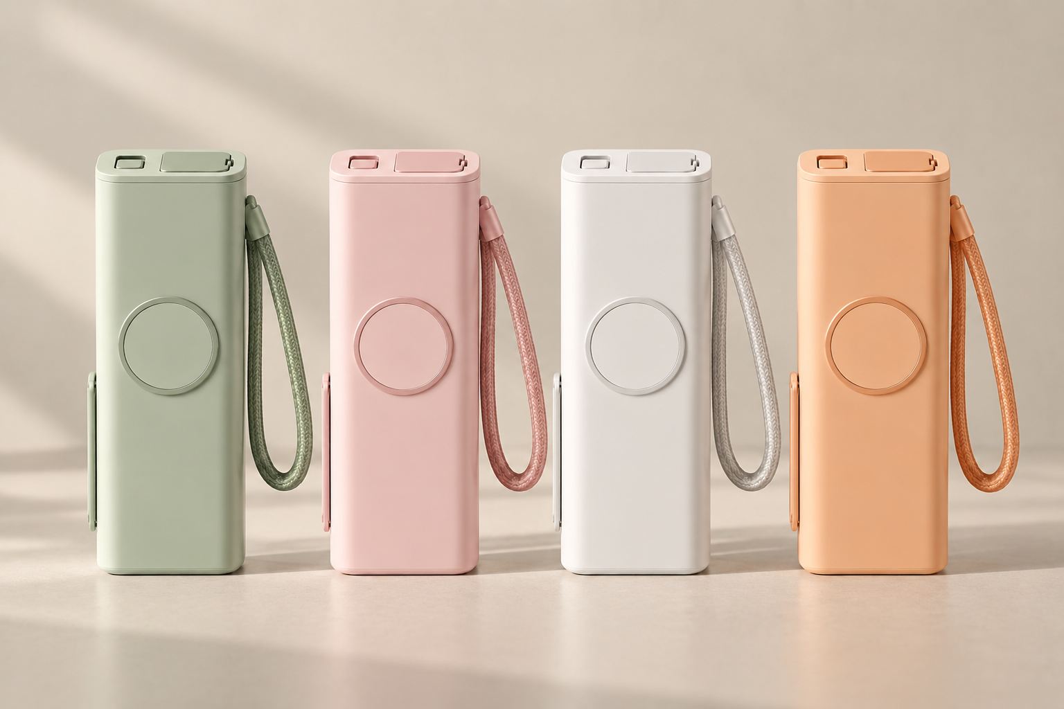 Four CUBOO bottles in green, pink, white and orange with their magnetic ring and carry strap